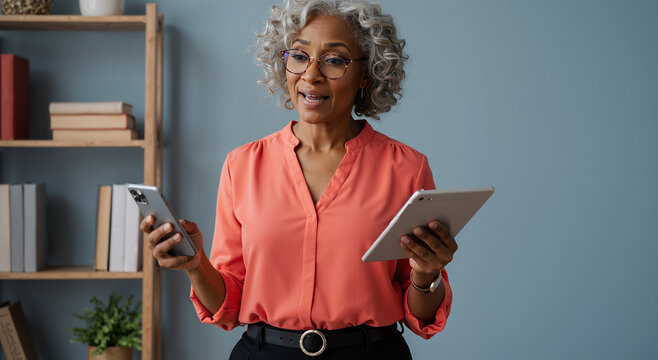 cheerful afro-american senior woman using smartphone and tablet in modern home office