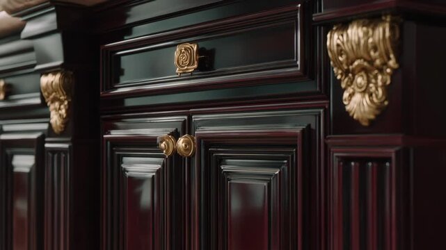 Shot capturing a polished highgloss lacquer surface on wooden cabinetry focusing on the flawless finish and enhanced color depth for upscale decor.