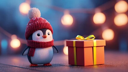 Cute 3d character animation. Baby penguin with a Christmas gift. New Year, winter holidays concept. festive light bulbs on the background - Powered by Adobe