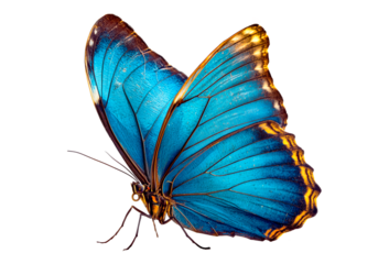 bright colorful blue tropical morpho butterfly isolated on transparent background