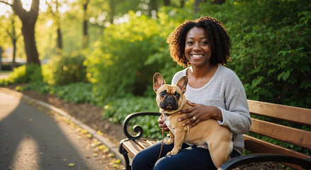 african american woman enjoying autumn morning with dog on park bench glowing in sunlight