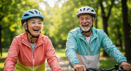 happy elderly couple cycling in park wearing helmets on a sunny day enjoying nature and exercise