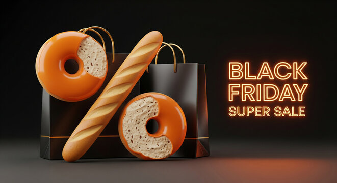 Grab irresistible Black Friday deals with this eye-catching graphic featuring donuts and a baguette creatively forming a percentage sign beside shopping bags with neon sale text