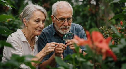 elderly couple using magnifying glass to examine plants in lush garden, enjoying nature