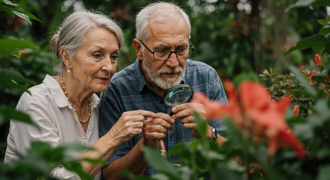 elderly couple using magnifying glass to examine plants in lush garden, enjoying nature