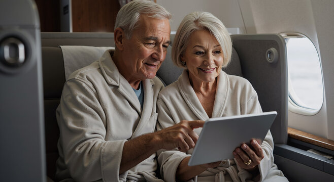 senior couple enjoying inflight entertainment on tablet during comfortable flight