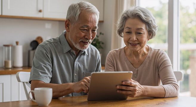 elderly couple happily using tablet at home kitchen table with coffee mug during daytime