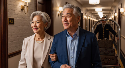 happy senior asian couple arriving at hotel corridor, warm lighting, relaxed vacation mood