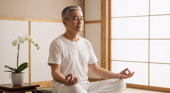 elderly asian man practicing meditation in a serene japanese-style room with natural light - Powered by Adobe