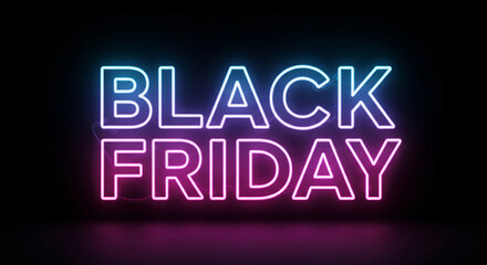 Dynamic neon sign illuminates the words BLACK FRIDAY in vibrant blue and pink hues against a dark, smoky background, promising exciting deals and massive savings for shoppers worldwide.