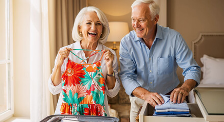 joyful elderly couple packing colorful clothes in sunny hotel room for vacation getaway