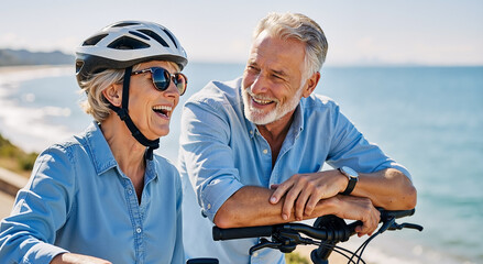 happy senior couple enjoying a bike ride by the beach on a sunny day with blue sky