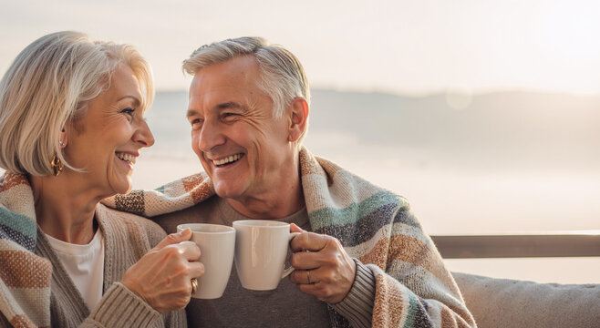 happy senior couple enjoying morning coffee on a balcony at sunrise with cozy blankets