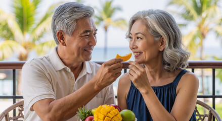 senior couple enjoying tropical fruits on vacation with palm trees in the background