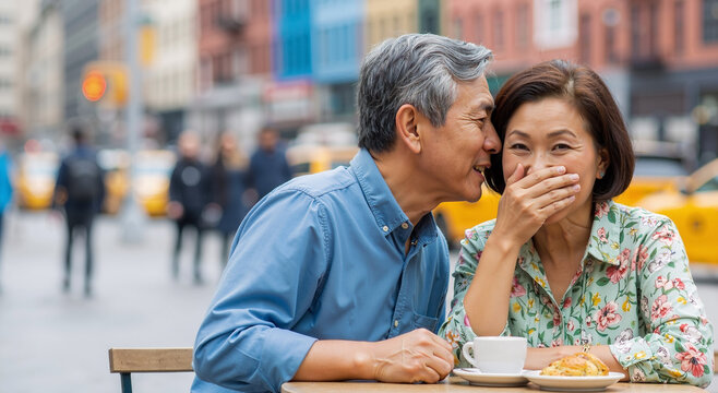 elderly couple sharing a joyful moment at an outdoor cafe in a vibrant urban setting