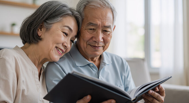 elderly asian couple bonding over photo album in cozy living room with natural light - Powered by Adobe