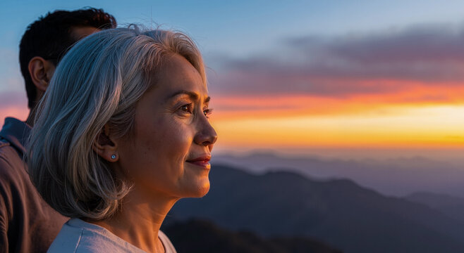 thoughtful mature woman appreciating a colorful sunset over mountain landscape