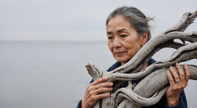 contemplative elderly asian woman holding driftwood by the serene seaside on a cloudy day
