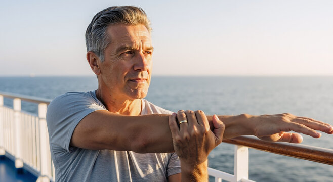 mature man doing morning yoga stretching on a cruise ship deck overlooking the ocean at sunrise - Powered by Adobe
