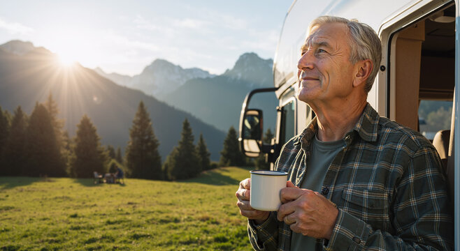 elderly man enjoying morning coffee in mountain landscape with sunrise and camper van