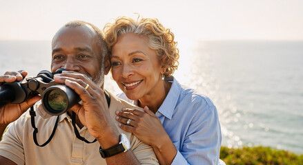 smiling couple birdwatching by the ocean at sunset, enjoying peaceful retirement outdoors