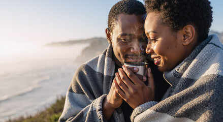 happy couple sharing hot drink by the ocean in cozy blankets during sunrise