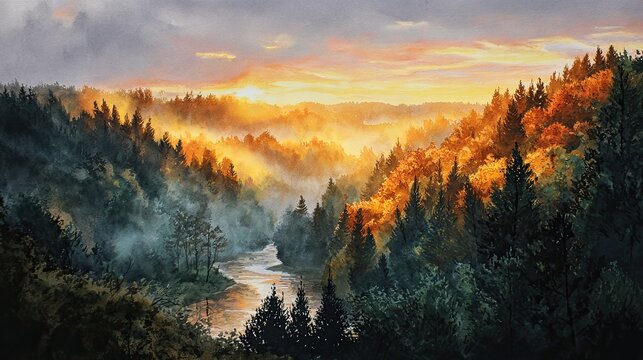 A stunning landscape at sunset, showcasing a river winding through a misty forest adorned with vibrant autumn foliage.