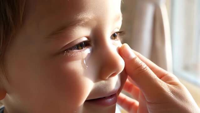 Emotional Young Boy with Tear and Comforting Touch