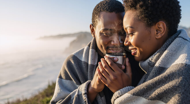 happy couple sharing hot drink by the ocean in cozy blankets during sunrise - Powered by Adobe
