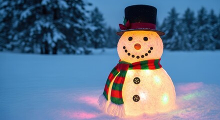 Snowman with colorful lights standing in snow during winter evening  