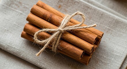 Bundled cinnamon sticks tied with twine on a textured surface  