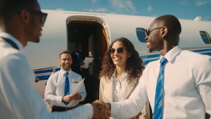 Business professionals greeting each other in front of a private jet, shaking hands and smiling. The scene reflects luxury travel, corporate partnership, aviation service, and executive lifestyle. - Powered by Adobe