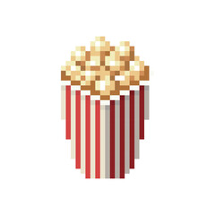 Pixel art popcorn bucket icon.  Retro movie night popcorn snack game asset. Vector illustration. 