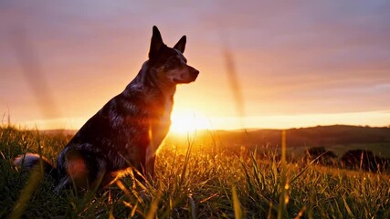 dog breed queensland heeler | A dog sits proudly in a grassy field, silhouetted against a vibrant sunset, casting a warm glow over the landscape with hues of orange and purple