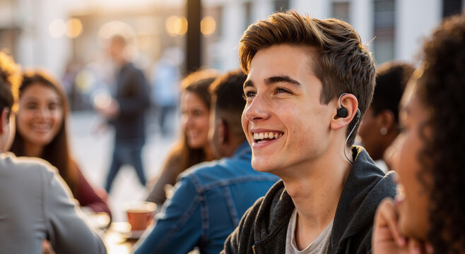 happy teenager wearing earbuds socializing with friends at outdoor cafe during sunset