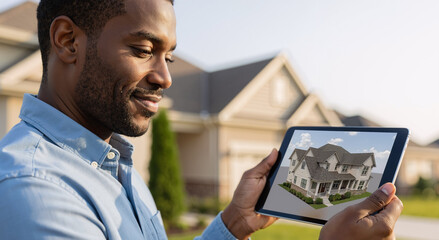 young man reviewing architectural plans on tablet in sunny residential neighborhood