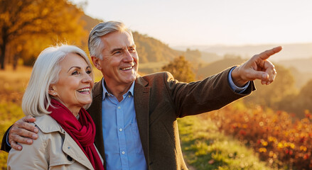 elderly couple enjoying nature walk in autumn park with colorful foliage and warm sunlight