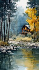 Fototapeta premium A serene watercolor landscape featuring a cabin by a river, surrounded by tall trees and vibrant autumn foliage.