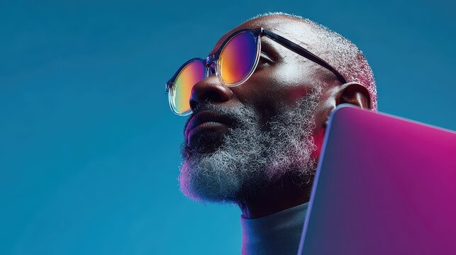 Visionary Man with Laptop: Technology & Future Stock Photo, Business