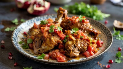The national dish of Afghan cuisine. Fried poultry meat "kurma"