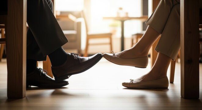 romantic couple playing footsie under table in cozy cafe with warm lighting