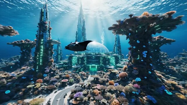 Underwater City Futuristic Architecture Coral Reef Marine Life.