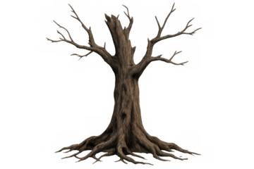 Dead tree with gnarled branches and exposed roots, symbolizing death, decay, and environmental concepts, isolated on transparent background