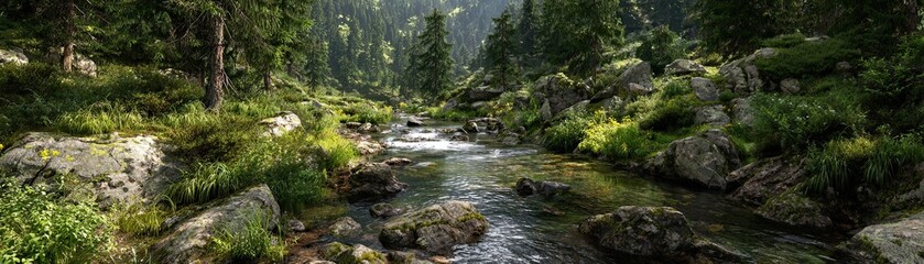 Obraz premium A serene forest landscape featuring a flowing stream, lush greenery, and rocky terrain, illuminated by soft sunlight filtering through the trees.