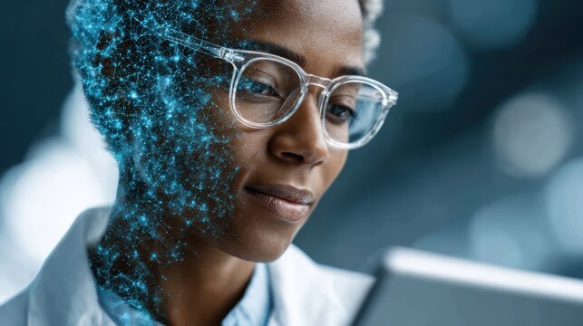 AI Brain Power: Tech Stock Photo with Scientist & Technology, Healthcare, Businesswoman