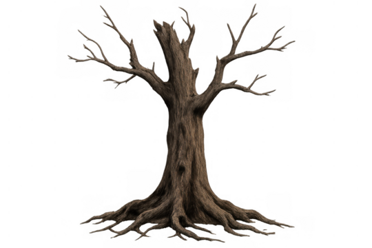 Dead tree with gnarled branches and exposed roots, symbolizing death, decay, and environmental concepts, isolated on transparent background