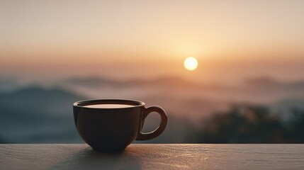 A serene sunrise view featuring a coffee cup, symbolizing tranquility and the start of a new day amidst a misty landscape.