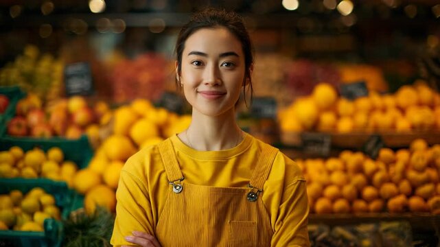 Smiling Grocery Store Worker in Fresh Produce Section