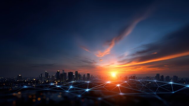 Connected Cityscape: Technology & Innovation at Sunset, Business, Abstract