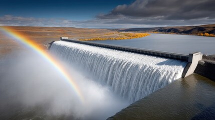 Obraz premium Dam Landscape with Rainbow - Environmental Power Stock Photo, Nature, Travel